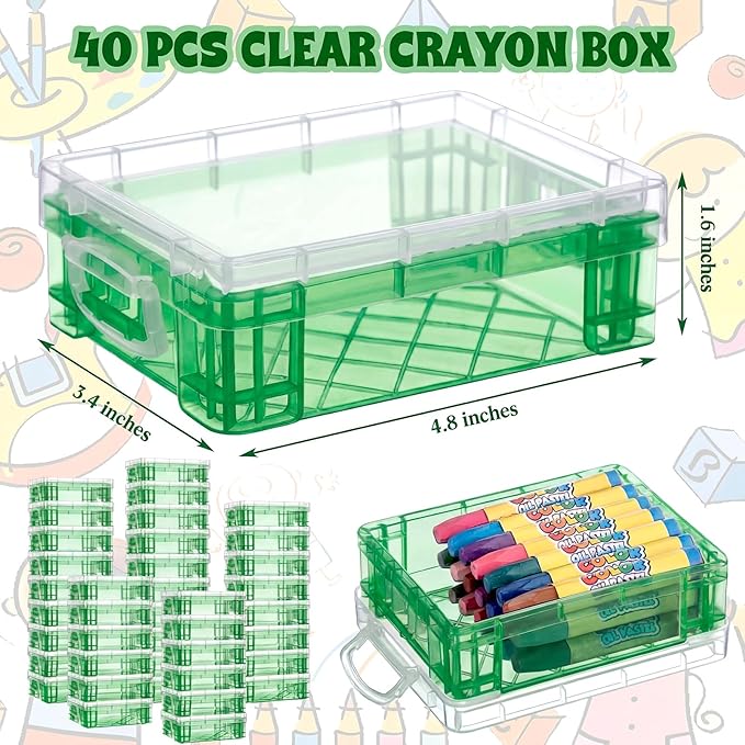 Suzile 40 Pcs Plastic Crayon Boxes Holds 24 Crayon with Snap Lid Storage Container Clear Stackable Case for School Office Classroom Supplies Pen Pencil Craft(Turquoise)