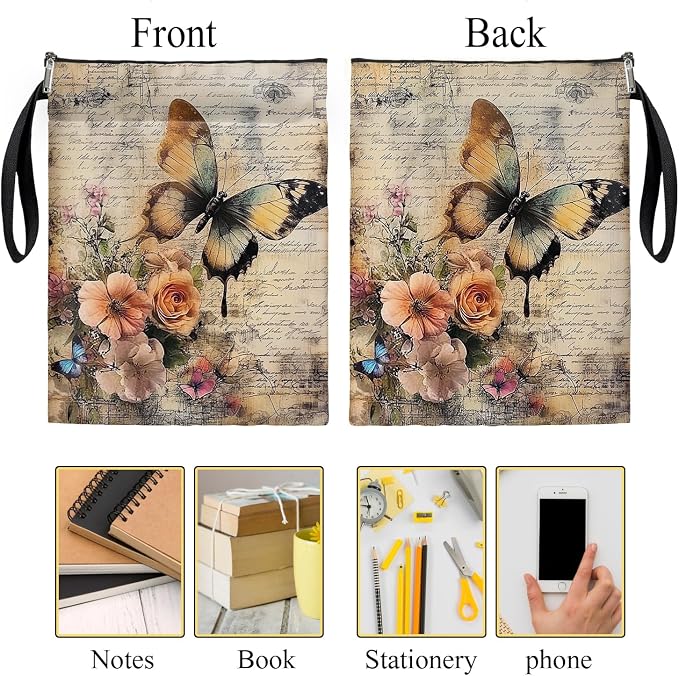 Vintage Floral Butterfly Book Cover, Waterproof Book Sleeve with Zippered Front Pocket Retro Flowers Book Pouch for Book Lovers, Christmas, Birthday, Graduation Gifts (Butterfly, Large)