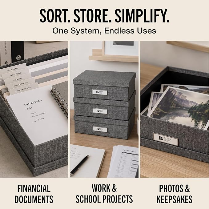 Bigso Oskar Canvas Fiberboard Document Letter Box for Important Paperwork A4 or Letter Size - Durable Keepsake Box with Lid and Metal Label Holder - 3.3in x 10.2in x 13.8in - Melange Grey - 3 Pack