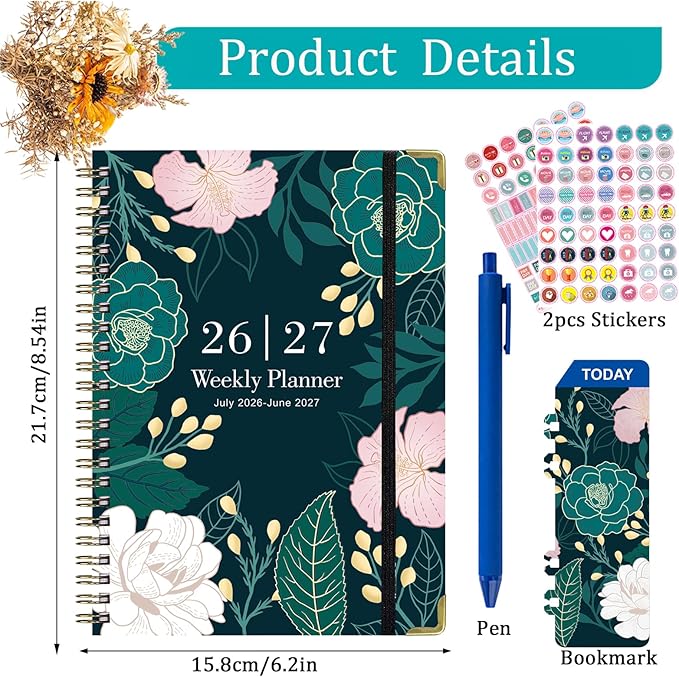 Planner 2026-2027,Agenda 2026 2027, July 2026 to June 2027 Monthly Weekly Calendar Planner with Month Tabs, 6.1" x 8.5" Hardcover Spiral Bound Cover for Daytimer Schedule Work School(B01)
