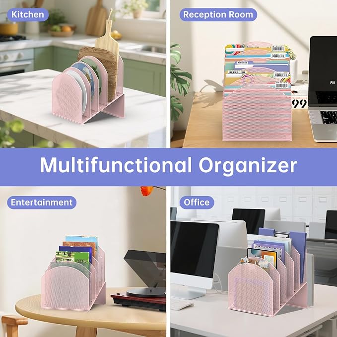 5-Section Desk File Organizer, Vertical File Organizer for Desk, Mesh Mail Holder for Letter Size Folders, Pink