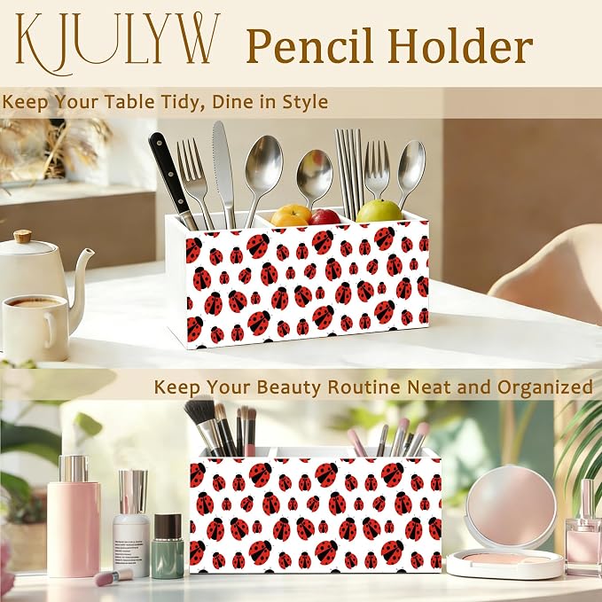 Red Ladybug Pen Holder for Desk, Ladybug Lover Gifts, Cute Lady Bug Decor Wooden Box Pencil Pen Holder Organizer for Home Office Desk Accessories