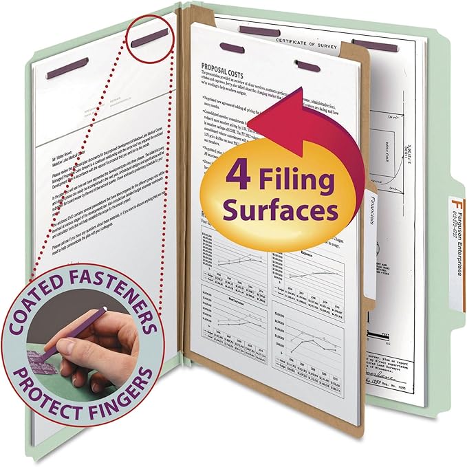 Smead Pressboard Classification File Folder with SafeSHIELD Fasteners, 1 Divider, 2" Expansion, Letter Size, Gray/Green, 10 per Box (13776)