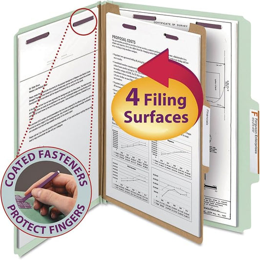 Smead Pressboard Classification File Folder with SafeSHIELD Fasteners, 1 Divider, 2" Expansion, Letter Size, Gray/Green, 10 per Box (13776)