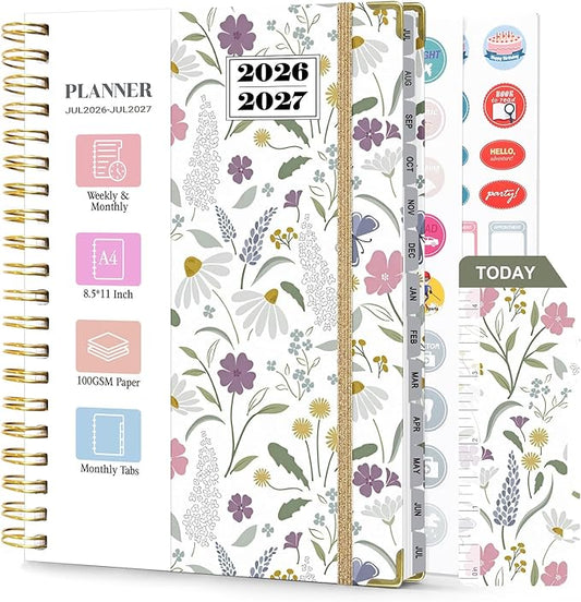 Planner 2026-2027, Weekly and Monthly Academic Planner, Jul 2026 - Jul 2027, 8.5"x11" Large Hardcover Daily Planner Calendar with Tabs for Women, Year Planning Agenda for Teacher and Student (Flowers-1)