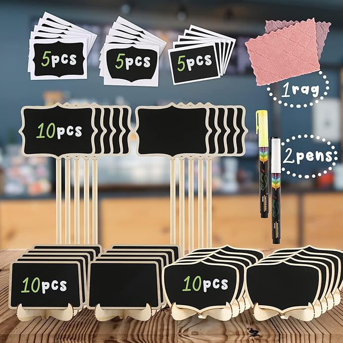 Mini Chalkboard Signs 30 Pack, Small Food Labels or Name Cards for Party Buffet Table with Wooden Stand for Wedding, Baby Shower, Mimosa Bar Supplies and Charcuterie Boards Accessories with 2 Pens