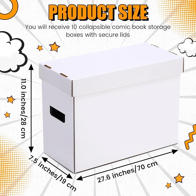 Fuyoooo 3 Pack Comic Book Storage Boxes, Holds 150-175 Comics, 15.4 x 7.5 x 11.4 Inch Stackable White Comic Short Bin Organizer Cardboard Box for Collapsible Magazine Book Collecting Supplies