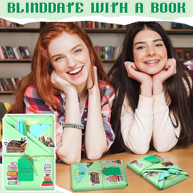 Sabary 6 Set Blind Date with a Book Gift Box Supplies Excluding Books Leather Bookmarks Stickers Kraft Tags Pens Wrapping Papers Mother's Day and Teacher's Day Graduation Book Lovers Club Gifts(Green)