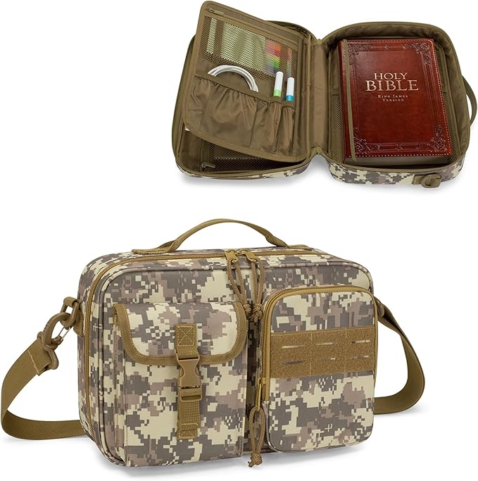 Damero Bible Cover for Men, Bible Carrying Case Church Bag with Multiple Pockets, Bible Case with Top Handle and Shoulder Strap, Camo