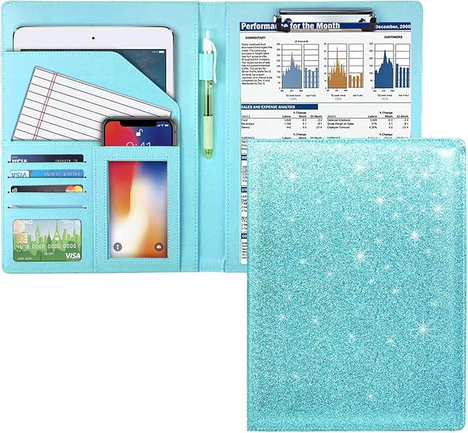 WAVEYU Glitter Portfolio Case for Women, Padfolio Cover for Women, Conference/Resume/Legal Document Organizer with Letter/A4 Size Clipboard Hardboard, Business Card Holders, Blue+Green