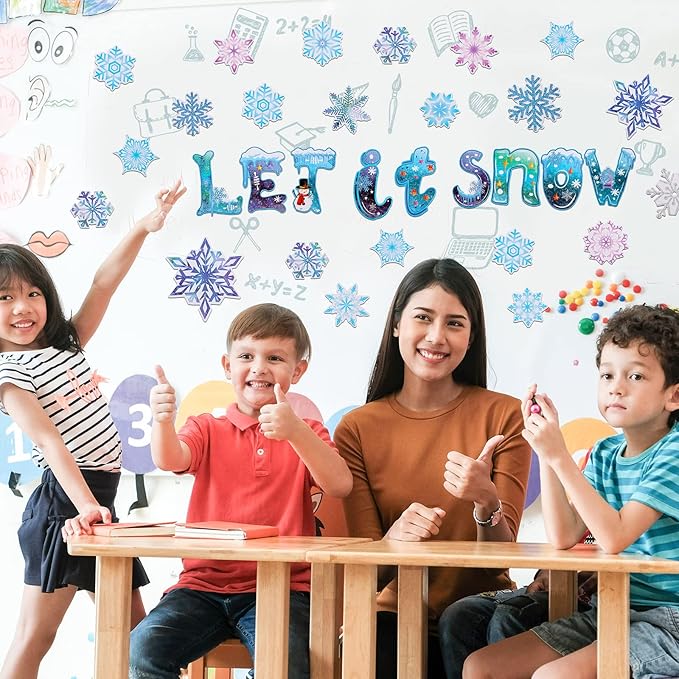 68 Pieces Winter Classroom Bulletin Border Decoration Christmas Snowflake Cutouts Let It Snow Cutouts Winter Classroom Decoration Holiday Bulletin Border for Christmas Classroom Home Decor (Snowflake)