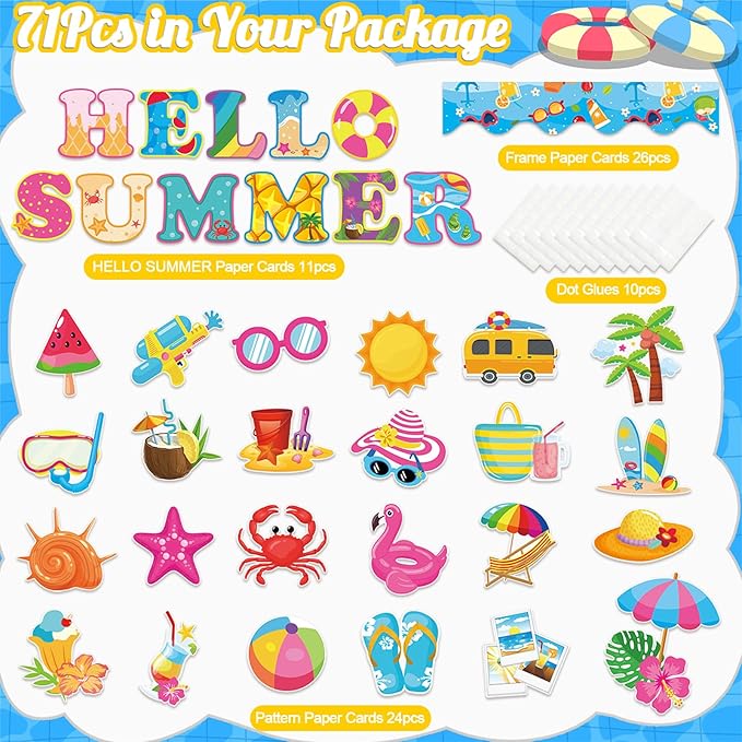 71 Pcs Hello Summer Bulletin Board Set Hawaiian Beach Slippers Sun DIY Borders Bulletin Trim Home School Hawaiian Tropical Party Supplies for Back to School Classroom Chalkboard Wall Door Decor