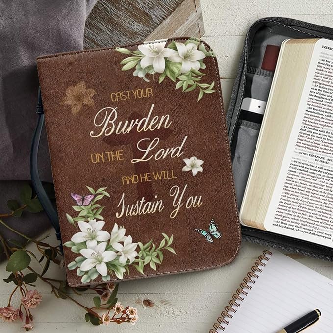 Retro Style Lily and Cross Bible Case with Bookmark Waterproof Bible Cover Case for Women Lightweight Bible Bag with Handle Pockets Church Book Bag Brown