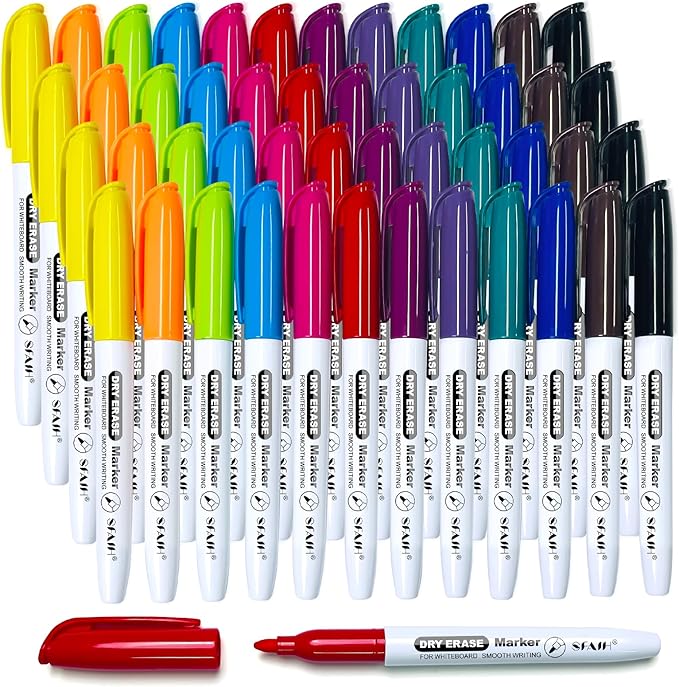 SFAIH Dry Erase Markers Fine Point 12 Colors, 48 Pack (4 Dozen) - Bulk Low Odor Whiteboard Markers for Departments, Training Rooms, Art Class | 5 Sizes: 12/24/48/72/144 Packs