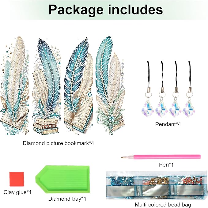 4-Pack 5D Diamond Painting Bookmarks Kit, Peacock Feather DIY Diamond Art Bookmarks with Rhinestones and Tassels, Creative Bookmark Making Set for Adults, Gift for Book Lovers