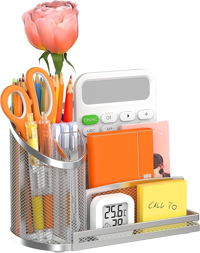 3 Compartment Pen Holder with Vertical Mail Organizer and Flower Tube, Metal Mesh Desk Organizer Modern Decor Aesthetic-Paper Letter Sorter Ideal for Pencil,Envelope and File(Silver)