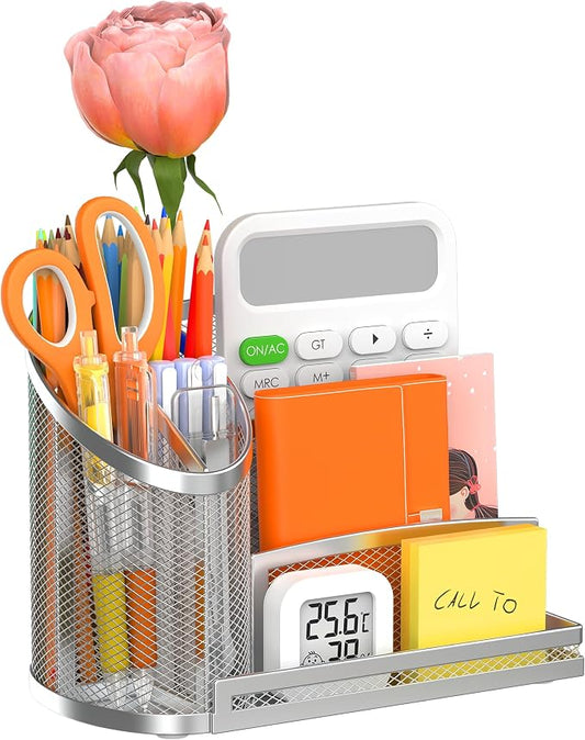 3 Compartment Pen Holder with Vertical Mail Organizer and Flower Tube, Metal Mesh Desk Organizer Modern Decor Aesthetic-Paper Letter Sorter Ideal for Pencil,Envelope and File(Silver)