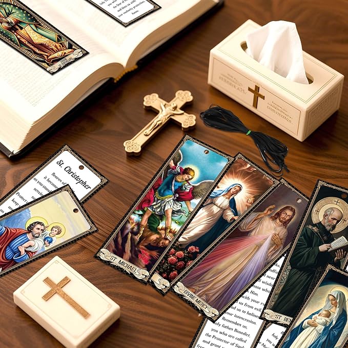 Bozidol 20 Pcs Catholic Saints Bookmarks with Holy Prayer, Religious Christian Gifts for Women Men Mother Father Godfather Godmother Church Sunday School Home Party Favors