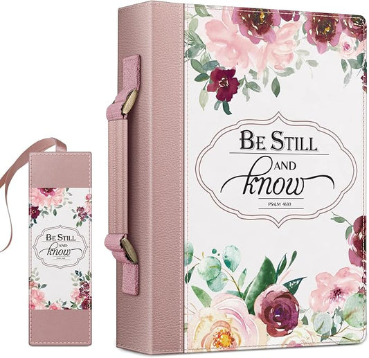 FINPAC Large Classic Bible Cover Vegan Leather Carrying Book Case Church Bag Bible Protective with Handle, Gift for Women, Mother, Friends, Rose Garden