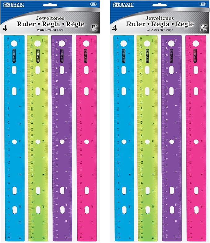 BAZIC Products Product Jeweltones Color Plastic Ruler 12 Inch 30 cm, Set of 4 Plastic Ruler, Dual Inches Centimeter Scale, Metric Measuring Rulers for Classroom, Office, & Home Use, 4/Pack, 2-Packs