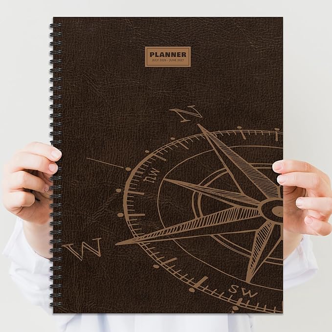 TF Publishing July 2026 - June 2027 Leather Compass Large Weekly Monthly Planner - 12 Month Academic Planner 2026-2027 with Durable Cover, Thick Uncoated Paper, and Planning Stickers - 9in x 11in