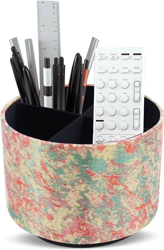 Round Leather Art Supply Organizer,Remote Control Holder,360-degree Rotating Pen Organizer with 4 Compartments(1-Painting White)