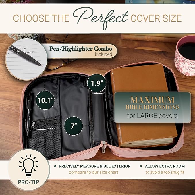 Christian Art Gifts Inspirational Vegan Leather Two-fold Organizer Bible Cover for Women, Jesus Fish Badge, Sturdy Carry Handle, Pen Loops, Pockets, Pen/Highlighter Combo & Notepad, Pink, Large