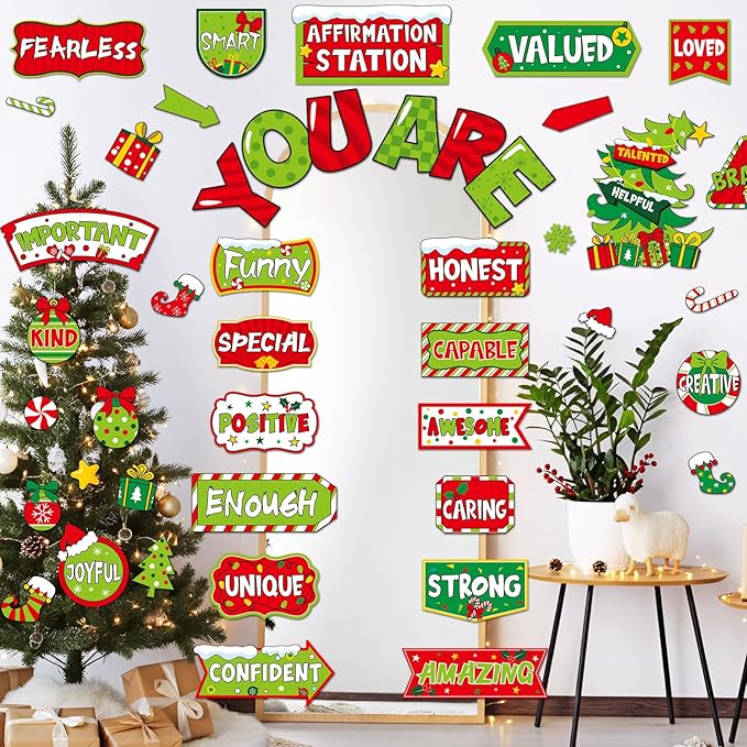 45pcs Bulletin Board Set Motivational Posters Classroom Mirror Growth Mindset Decor Positive Affirmations Accents Cutouts for School Office Home Teacher Wall (Green Christmas)