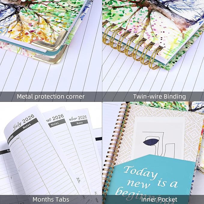 2026 Planner, Jan.2026 - Dec.2026 Planner Weekly and Monthly 6.25"x8.5" with Page Tabs, Calendar Hardcover with Inner Pocket, Elastic Band, Twin-Wire Binding, Bookmark, Color tree