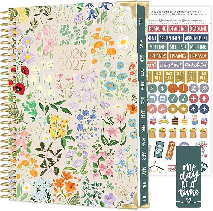 bloom daily planners HARDCOVER Planner 2026-2027 for Women - Academic Year (July 2026 - July 2027) 13 Months - A5 Monthly & Weekly Agenda Book - 5.5” x 8.25” - Garden Party, Beige