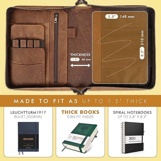 ELIZO Leather A5 Portfolio Padfolio Folio A5 Notebook Journal Cover Planner Binder Small Mens Business Work Folder Organizer (Saddle)