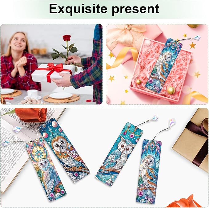 4-Piece DIY 5D Diamond Painting Bookmark Kits, Owl Special Shaped Crystal Rhinestones Book Marks, Handmade Diamond Art Bookmarks with Crystal Pendant Tassels, Decorative Craft Gift Set for Adults