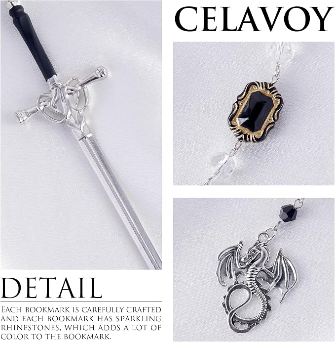 Fantasy Dragon Sword Bookmark - Vintage Metal Book Marks for Men Women Students Teachers Reader Page Mark with Crystal Beads Sliver Dragons Charm Reading Lovers Birthday Gifts Accessories