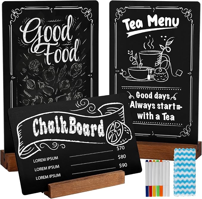 3Pcs Pre-Printed Border Chalkboard Signs with Stand, 5"x 8" Mini Tabletop Chalk Board Menu Display, Double Sided Food Labels for Party Buffet - Vintage