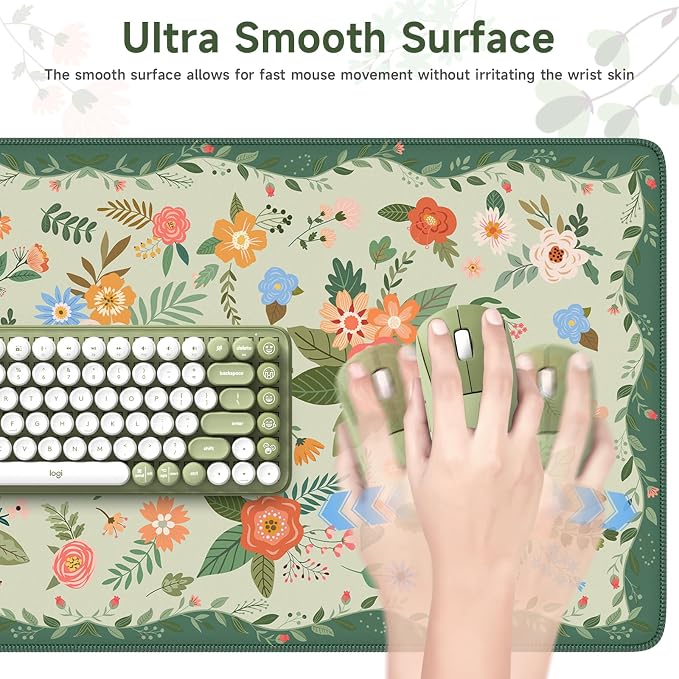 HAOCOO Cute Green Desk Mat, Floral Keyboard & Mouse Pad for Office/School/Home, Waterproof Large Desktop Mat, Non-Slip Cubicle Decor with Stitched Edge, Desk Pad Protector Girly Supplies