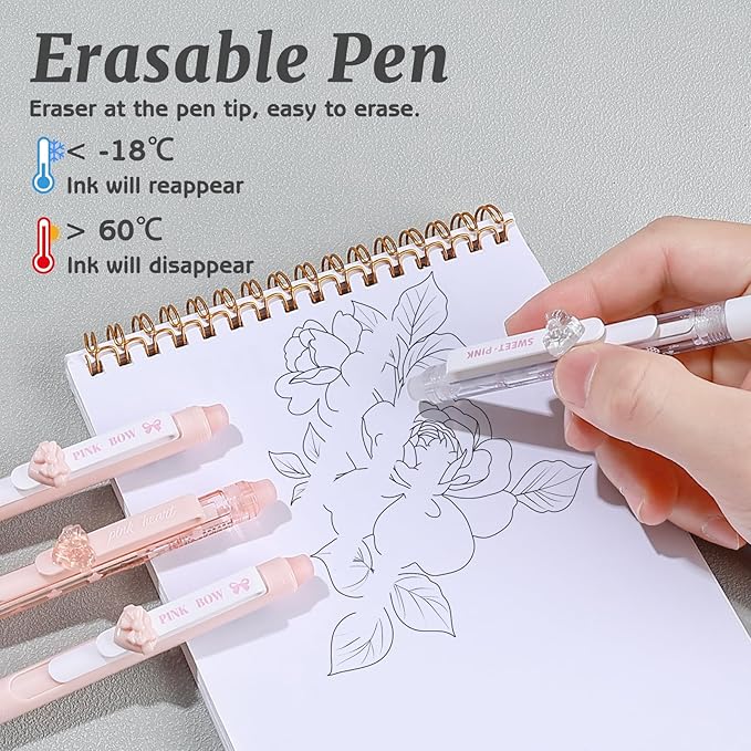 8 Pcs Cute Erasable Gel Pens with Erasers, 0.5 mm Fine Point Black & Blue Ink Pens, Smooth Writing Retractable Pen for Note Taking and Crossword Puzzles (Pink)