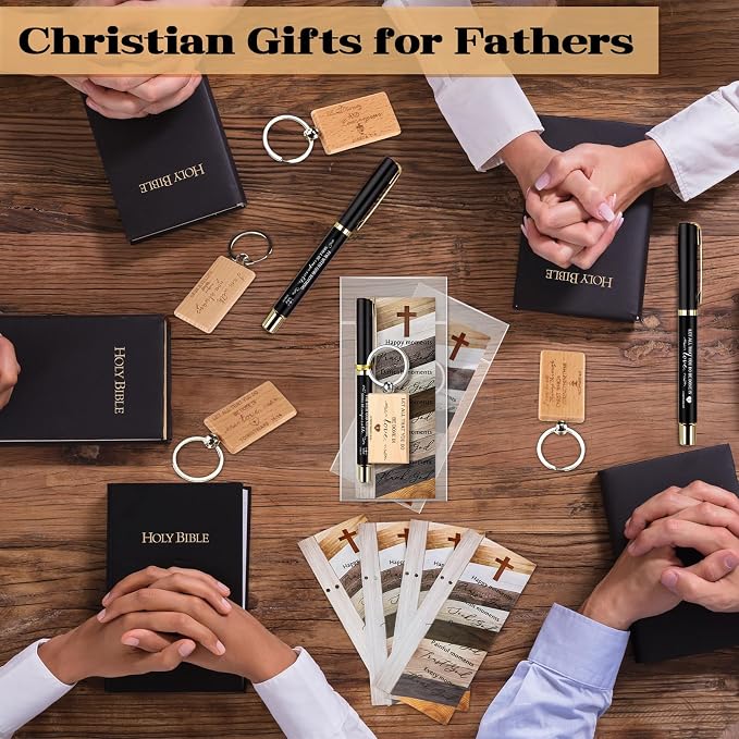 Spakon 10 Sets Father Day Church Gifts Bulk Mens Christian Mini Bible Verse Wooden Keychains Scripture Religious Pens with Cross Prayer Bookmarks Faith Gifts for Women Dad Pastor Sunday School