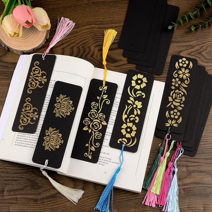 WANDIC 60 Pcs Blank Bookmarks, Black Bookmarks with 60 Pcs Colorful Tassels Thick Cardstock Paper Bookmark with Hole for DIY Craft Projects Supplies Gift Tags Book Decor