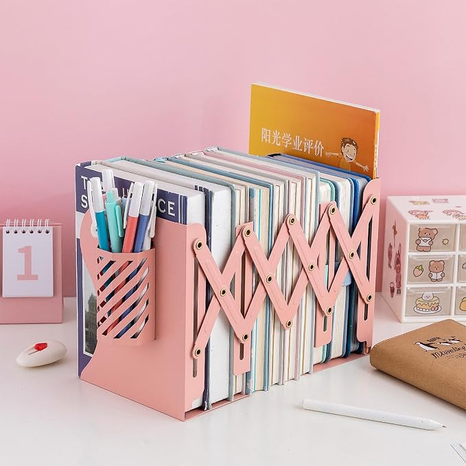 Adjustable Book Ends for Heavy Books, Metal Expandable Bookends for Shelves, Book Organizer Stopper Holder for Desk, Kids Room, Classroom, Office, Library (Pink)