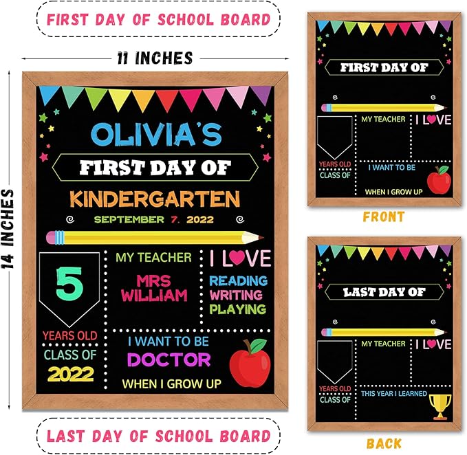 First & Last Day of School Board, 11x14 Inch Double Sided Back to School Sign for Kids Girls Boys, My 1st Day of Chalkboard Sign Photo Prop, Wooden 1st Day Boards of Preschool Kindergarten