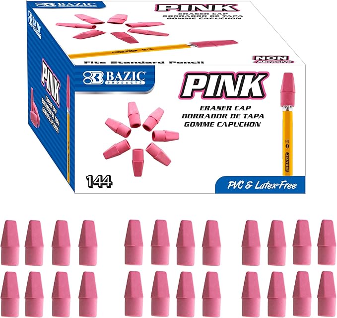 BAZIC Products Pink Eraser Top, Latex-Free Pencil Top Erasers with Arrowhead Caps, Non-Toxic Erasers for Kids, Students, Teachers, Classroom, Art, Homework & School Supplies, 144/Pack, 24-Pack