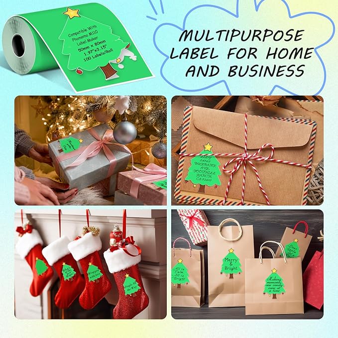 Thermal Labels Christmas Tags for Xmas Compatible with Phomemo M100/M110/M150/M221/M220/M120/M200/M250 Label Printer,1.97''x3.15''(50x80mm), 100 Labels/Roll
