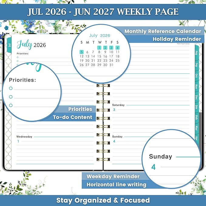 Planner 2026-2027 - 6.5" x 8", JUL. 2026 - JUN. 2027, Weekly & Monthly Planner2026-2027, 2026-2027 Academic Planners with Tabs, Sturdy Cover, Premium Paper, Back Pocket, Strong Twin-wire Binding