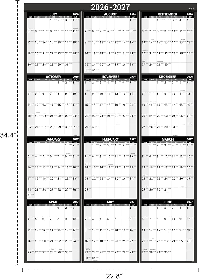 2026-2027 Yearly Wall Calendar - Calendar 2026-2027, July 2026 - June 2027, 34.4" x 22.8"(Open), Yearly Wall Calendar 26-27, Vertical Layout, Double-Sided Round Stickers, Large Calendar - Black