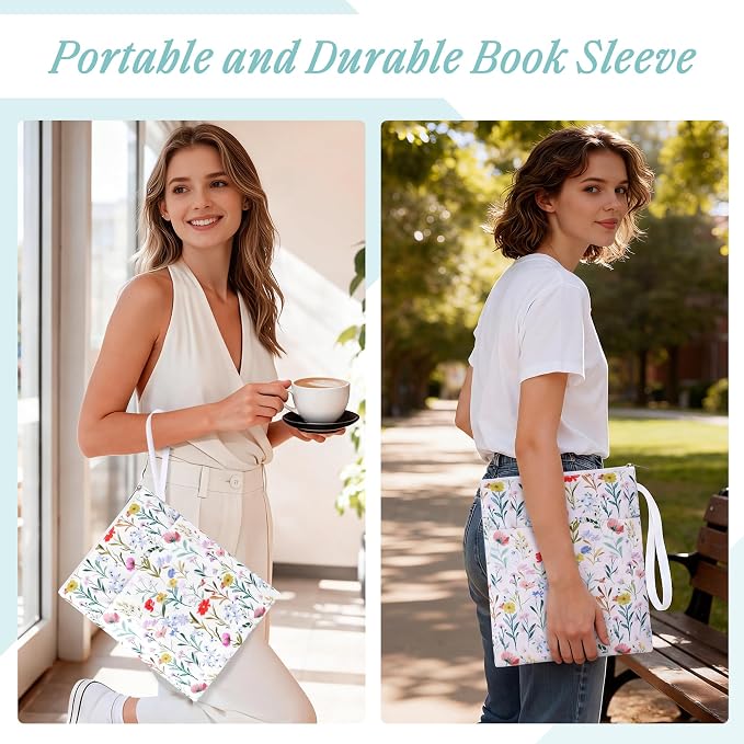 Book Sleeve with Zipper, 11''x 9'' Waterproof Paperback Sleeve for Book Lovers Books Pouch Cover with Handle for Hardcovers Kindle Sleeve for Reader Teacher Women (Colorful Flowers, 11x 9 inch)