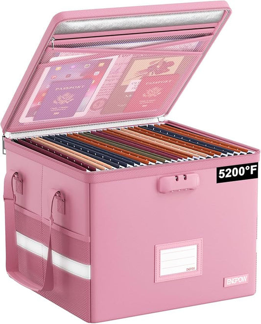 ENGPOW 5200°F File Box Fireproof Document Box with Lock,Heat Insulated Collapsible File Storage Organizer Box with Handle,Portable Home Office File Cabinet for Hanging Letter/Legal Size Folder, Pink