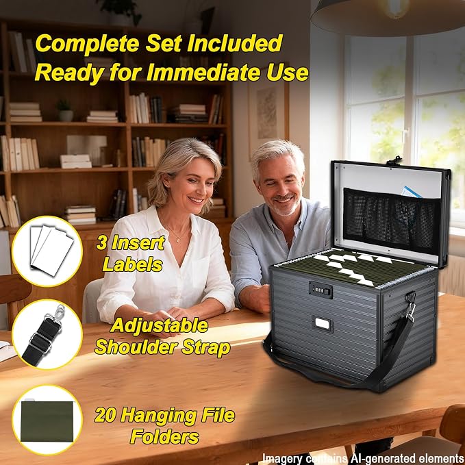 File Storage Cabinet File Organizer Document Organizer File Box in Office and Home with Combination Lock with 20 Letter Size Hanging Files (Stripe Black, Letter)