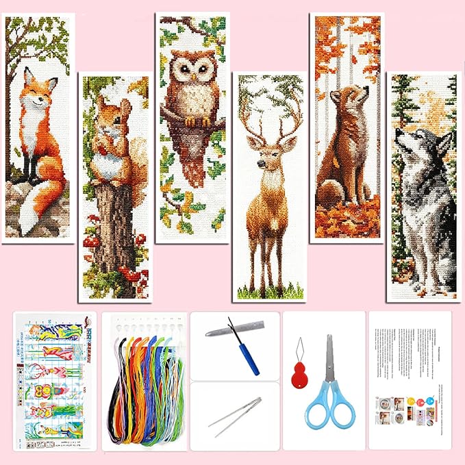 Zhenqing Woodland Animal Stamped Cross Stitch Bookmark Kit, 6 Fox, Squirrel, Owl, Deer and Wolf Designs on 11CT Printed Fabric for Adults and Beginners, DIY Reading Gift for Book and Nature Lovers
