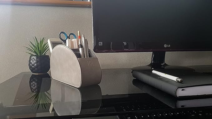 Remote Control Holder with 5 Compartments, Grey PU Leather Office Organization Storage Caddy Box for TV Remote, Heater Controllers, Media Player, Office Supplies, Makeup Brushes CEG10