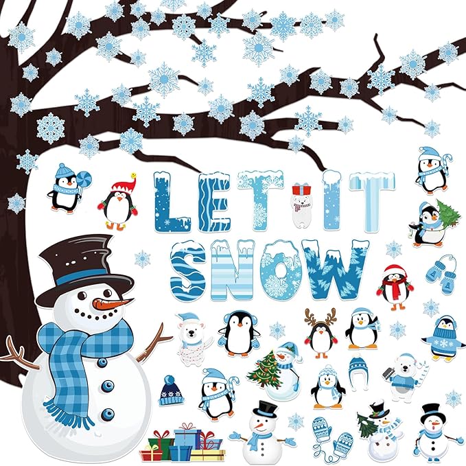 Maitys 124 Pcs Winter Bulletin Board Decorations Christmas Snowflake Let It Snow Tree Snowman Penguin Cutouts Tree Bulletin Board Set for Classroom Home Office Holiday Winter Room Wall Window Decor